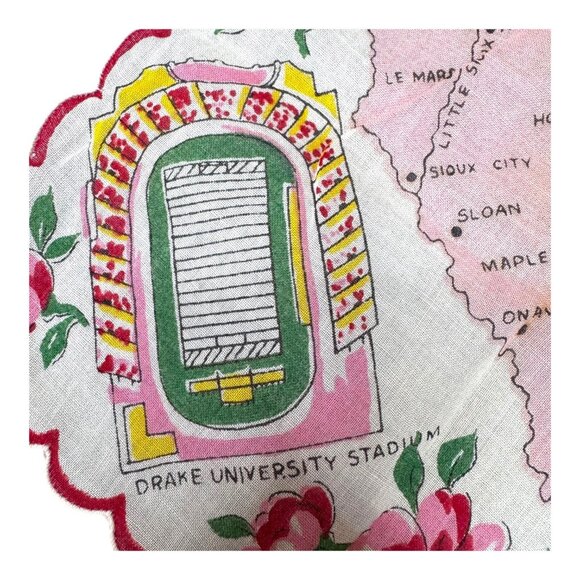 Vtg Retro Ladies Hankie Handkerchief Scalloped Edge Hibiscus Iowa State Map READ - Picture 3 of 10